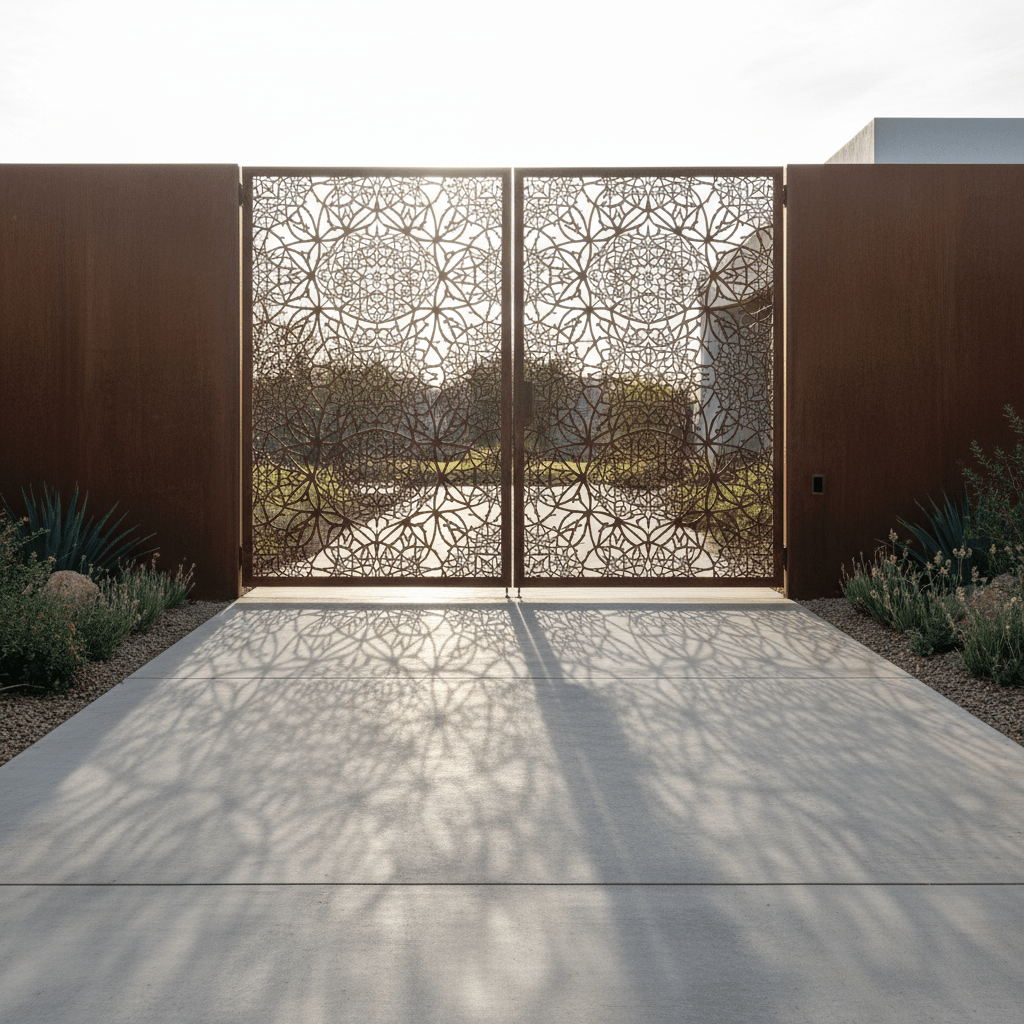 Corten steel gates with laser-cut mandala patterns, casting shadows on a driveway.
