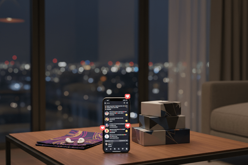 Medium shot of smartphone showing social feed, generic merch boxes, and earbuds on coffee table in warmly lit living room