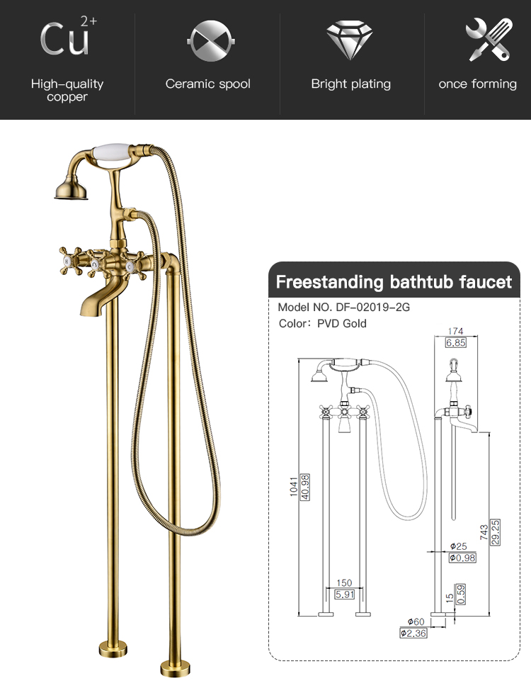 Sanitary Ware Freestanding Bathtub Brass Faucet Plated Gold