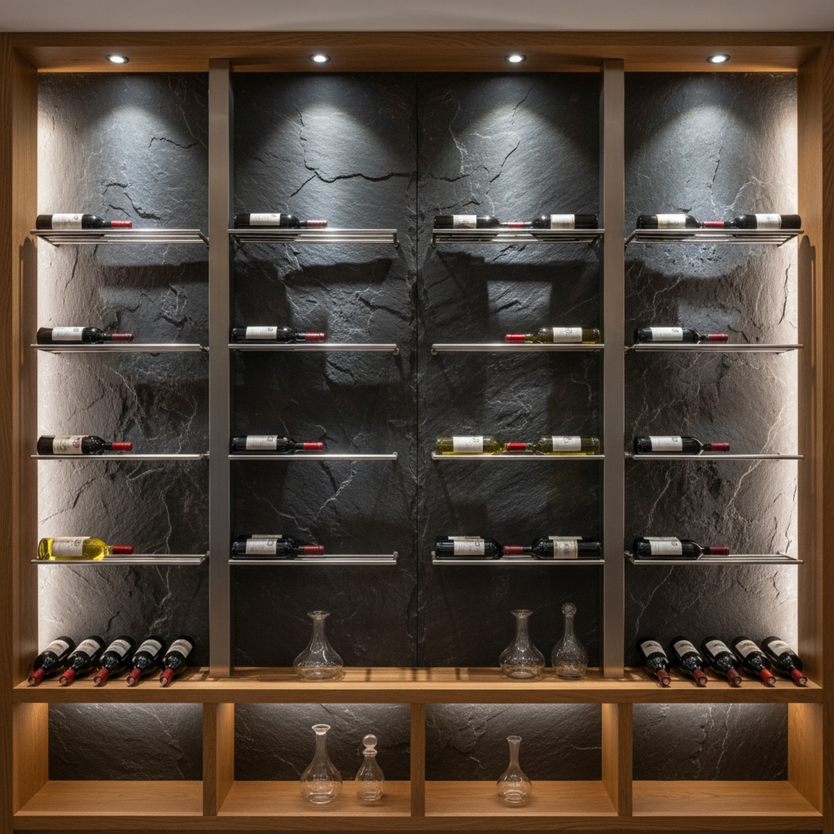 Luxurious modern wine cellar wall with carbon slate, steel racks, and oak shelving.