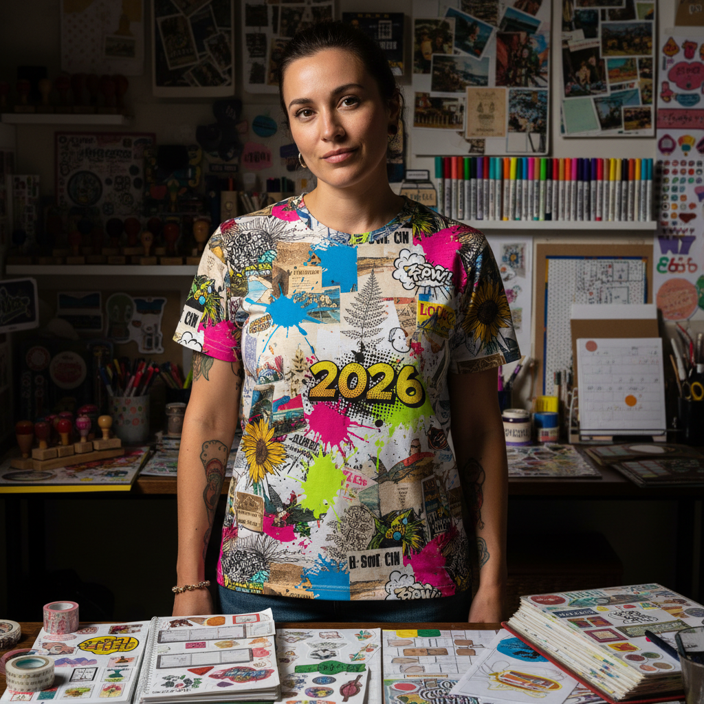 Maximalist collage t-shirt pattern with retro postcards and botanical sketches.