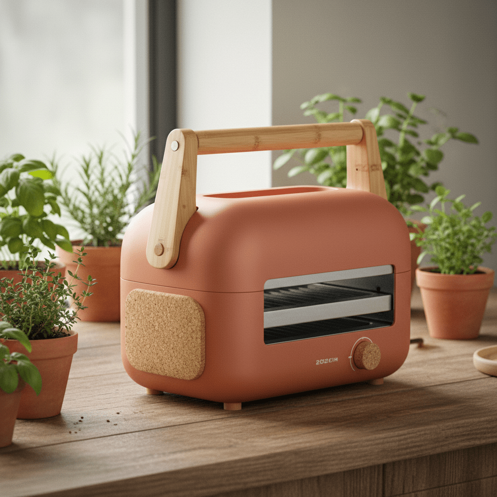 Eco-conscious sandwich toaster with recycled plastic, bamboo handles on a wooden counter.