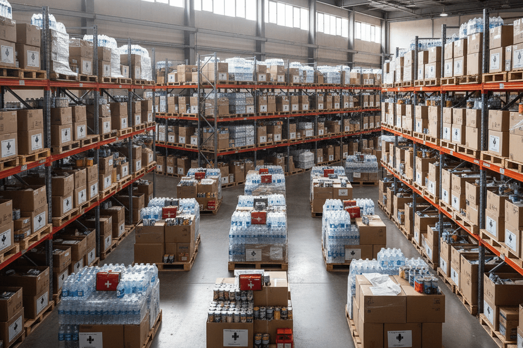 Organized warehouse shelves filled with emergency supply boxes under natural light, emphasizing preparedness strategies