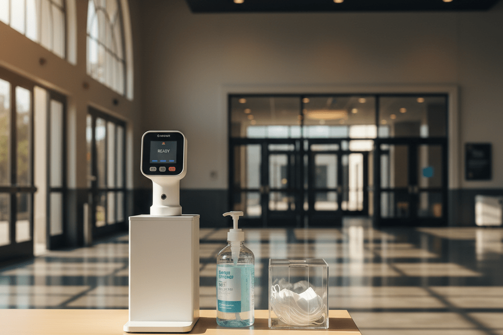 An unoccupied health screening area with sanitizer, thermometer, and mask holder under warm ambient light, symbolizing crisis readiness