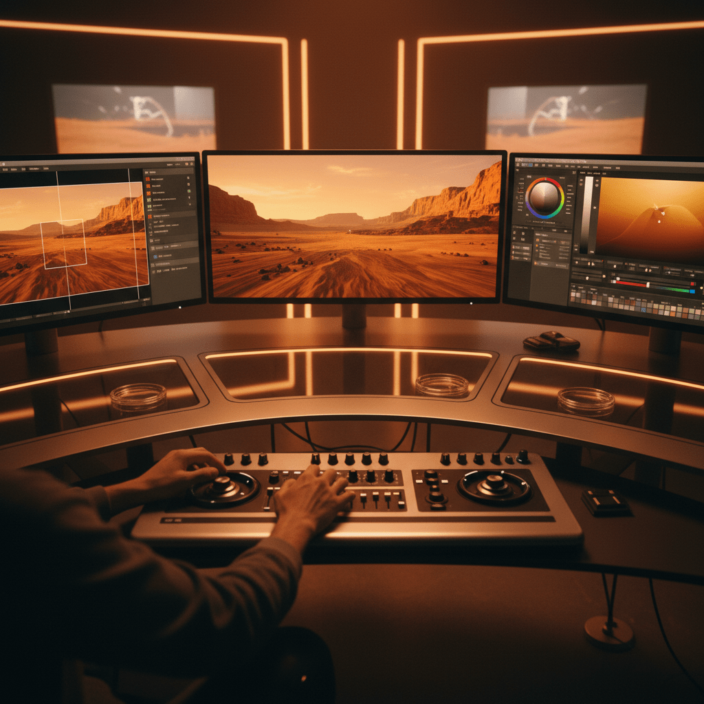 Futuristic post-production suite desk with multiple monitors displaying desert footage.