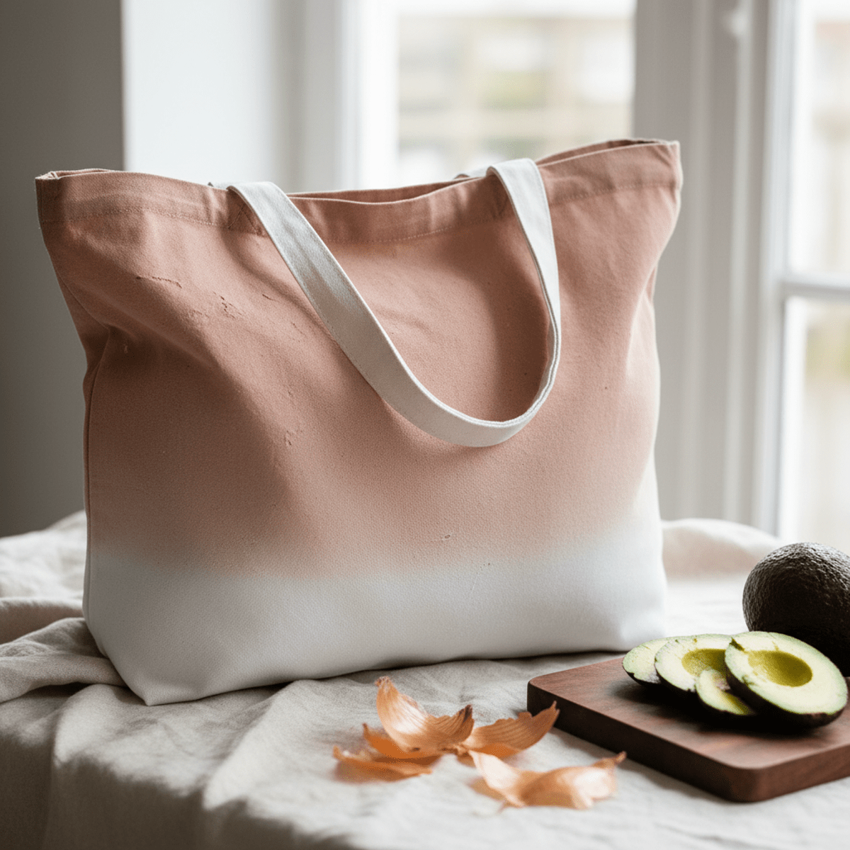 White canvas tote with avocado dye ombré effect resting beside natural dyeing materials.