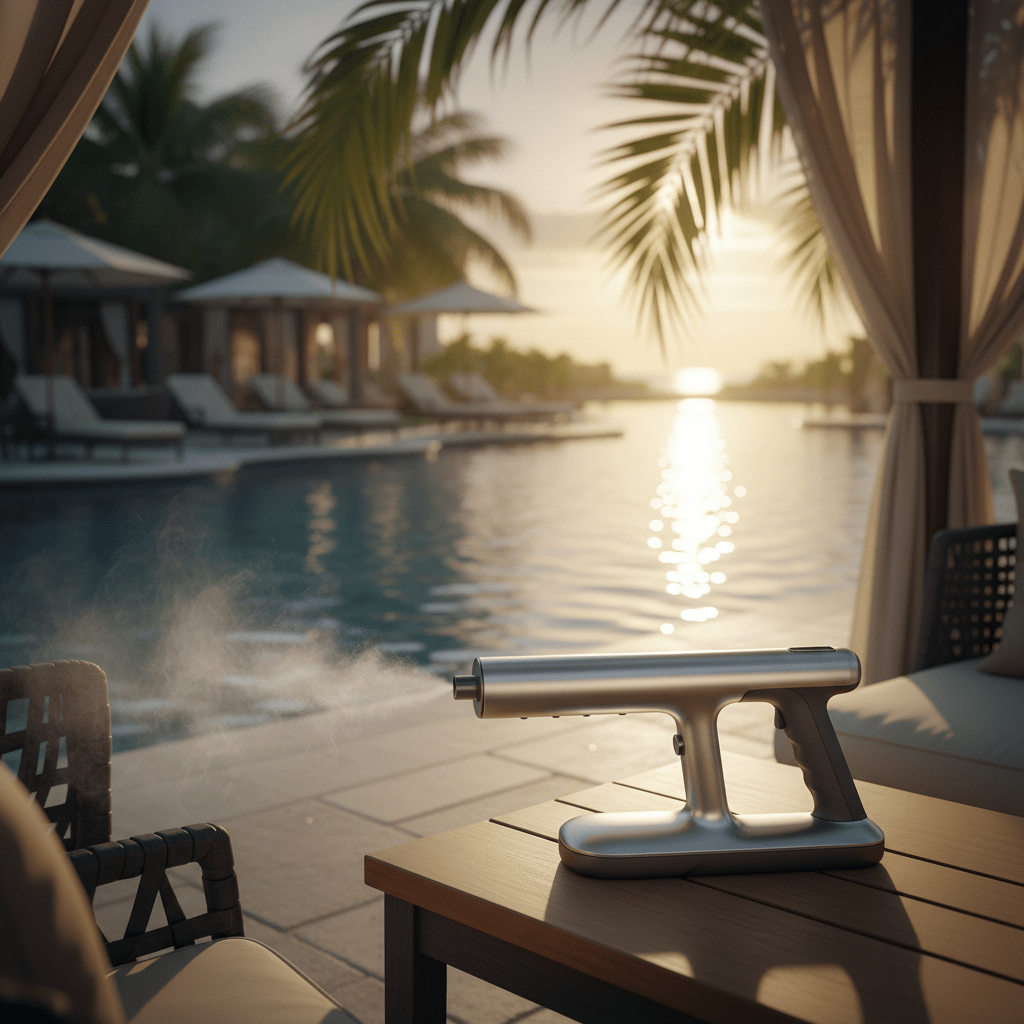 Sleek cordless mosquito fogger near a luxury resort cabana with fine mist.