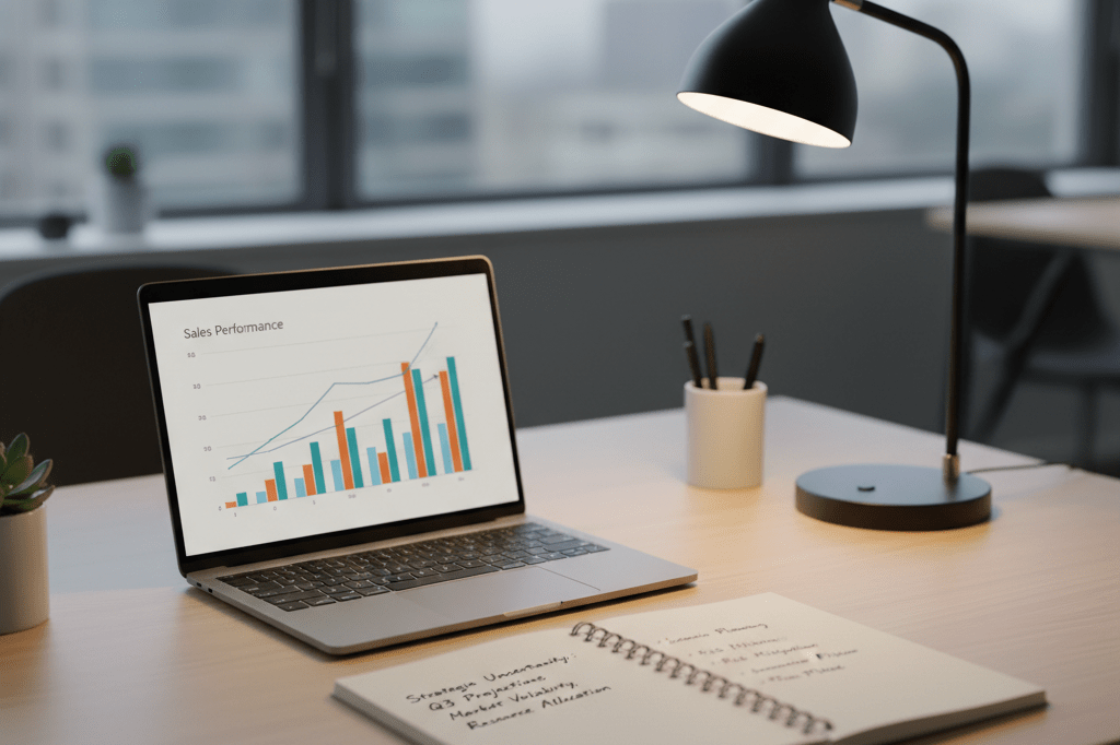 Modern desk with laptop, notebook, and warm ambient lighting representing strategic business decisions