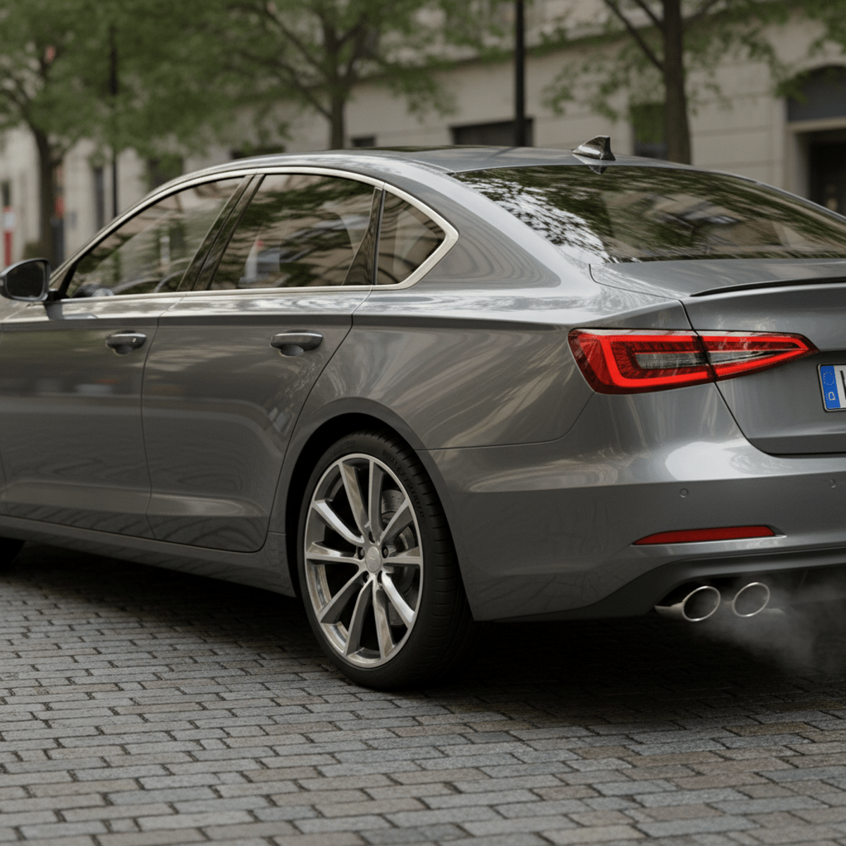 Graphite gray family sedan parked on a quiet city street with detailed alloy wheels.