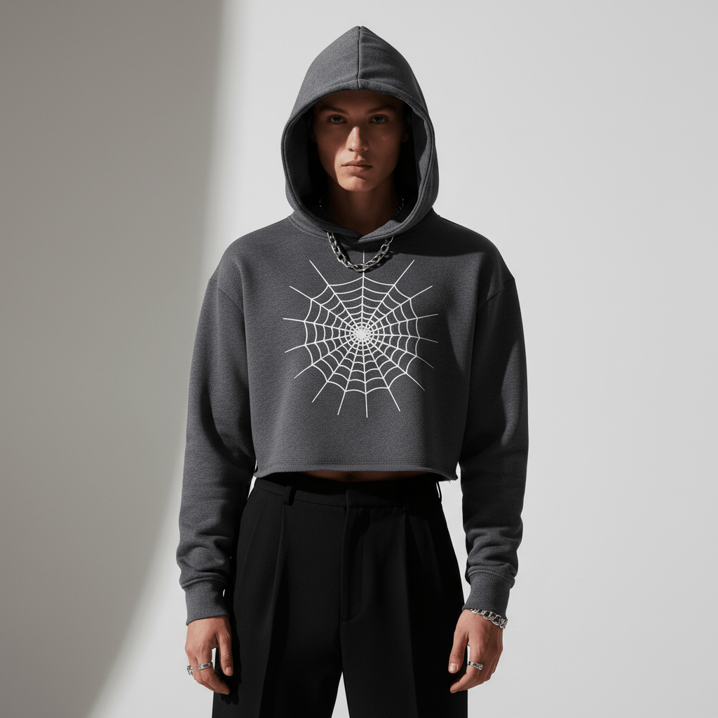 Charcoal gray hoodie with white spiderweb graphic and hood up in studio.