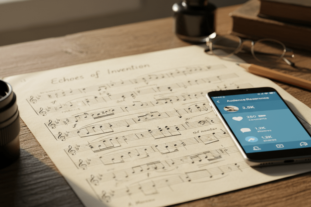 Close-up of an original music sheet alongside a smartphone showing social media metrics, bathed in soft natural light
