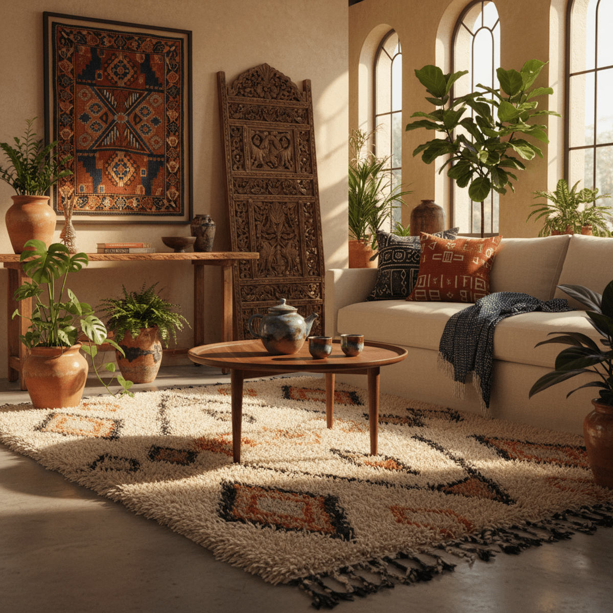 Sophisticated global artisan living room with layered decor and rich textures.