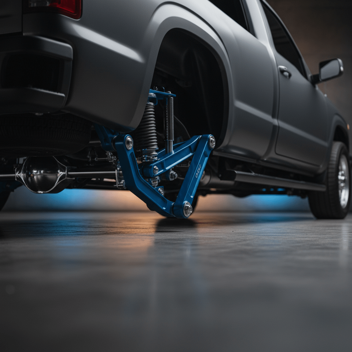 Detailed close-up of a slammed pickup truck's four-link suspension with chrome and air springs.