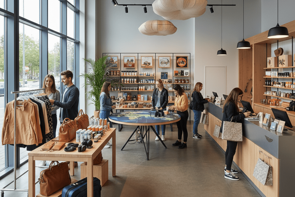 Wide-angle view of a retail store with travel-themed decor,暗示 loyalty program integration via product displays and customer interaction