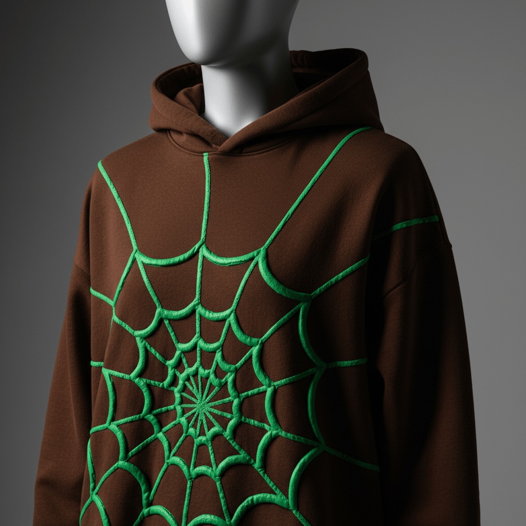 Oversized brown hoodie with raised electric slime green 3D puff-printed spiderweb design.
