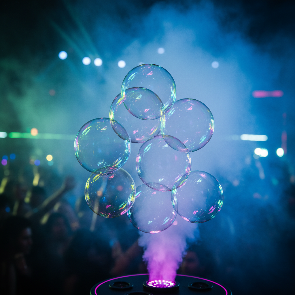 Shimmering neon fog bubbles drift from a machine on a club stage with bass vibrations.