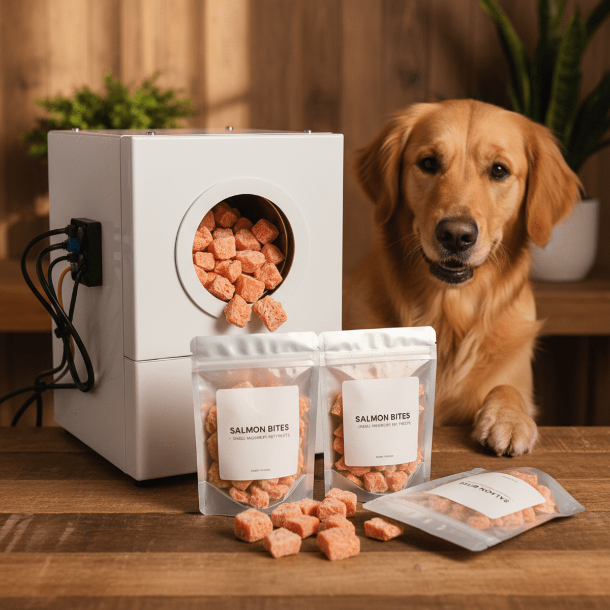 Nutrient-rich freeze-dried salmon cubes spilling into resealable pouches.