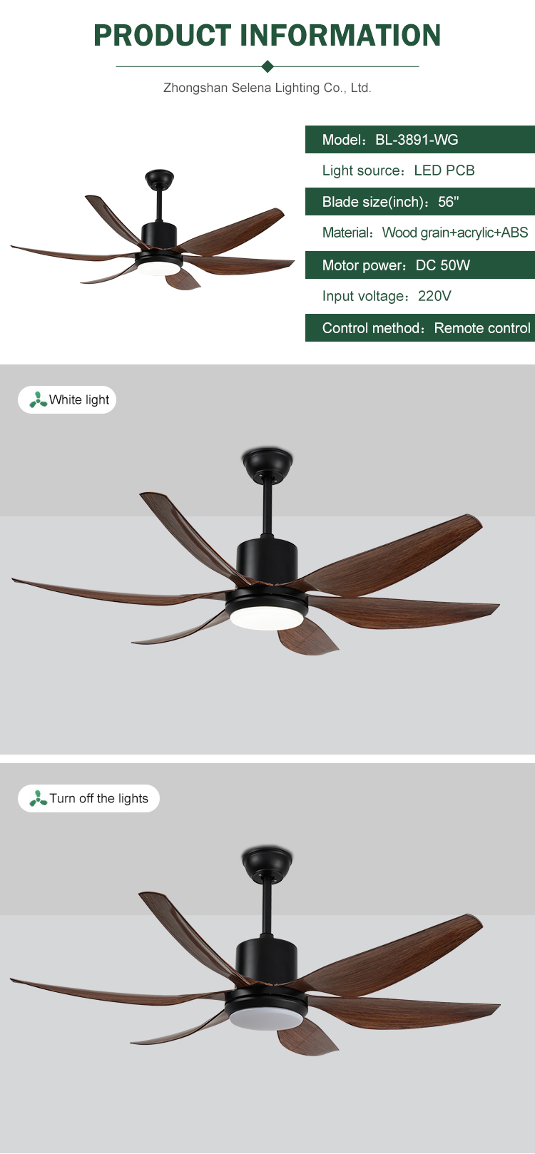 Breezelux 56 inch modern design 220 volts ceiling exhaust air conditioning remote control luxury wood ceiling fan with light