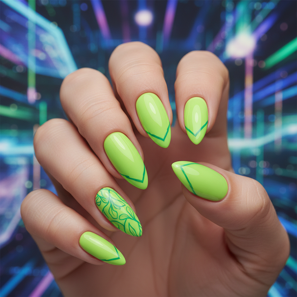 Close-up of vibrant cyber lime nails with glossy finish against a futuristic VR background.