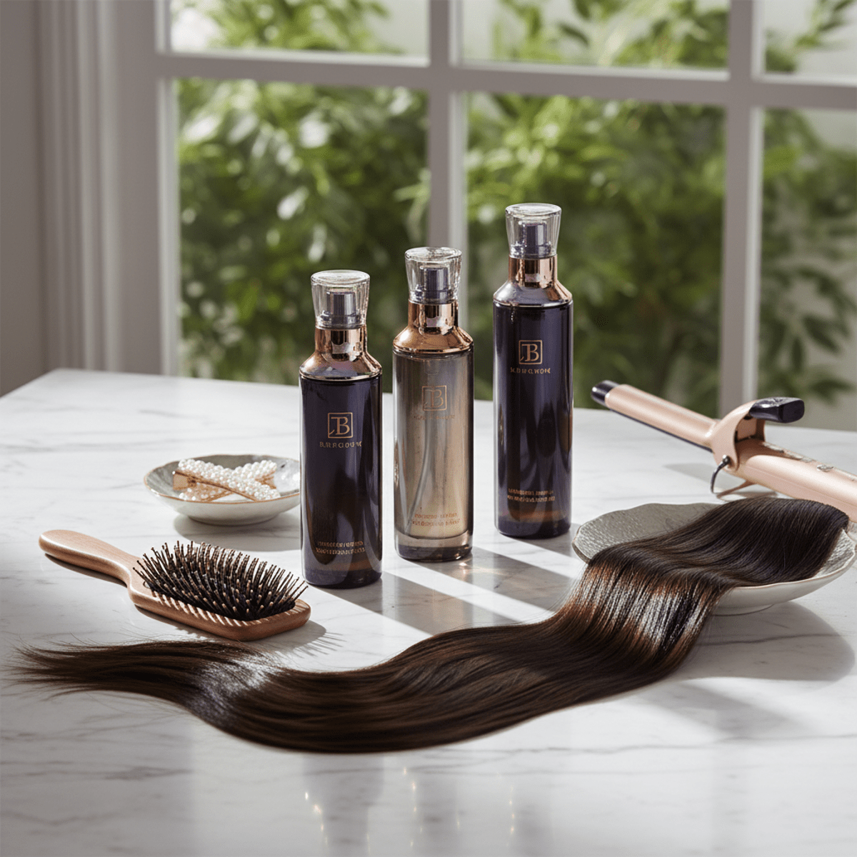Elegant vanity with luminous hair care products Elegant vanity with Korean hair care products on marble, showcasing luminous hair.