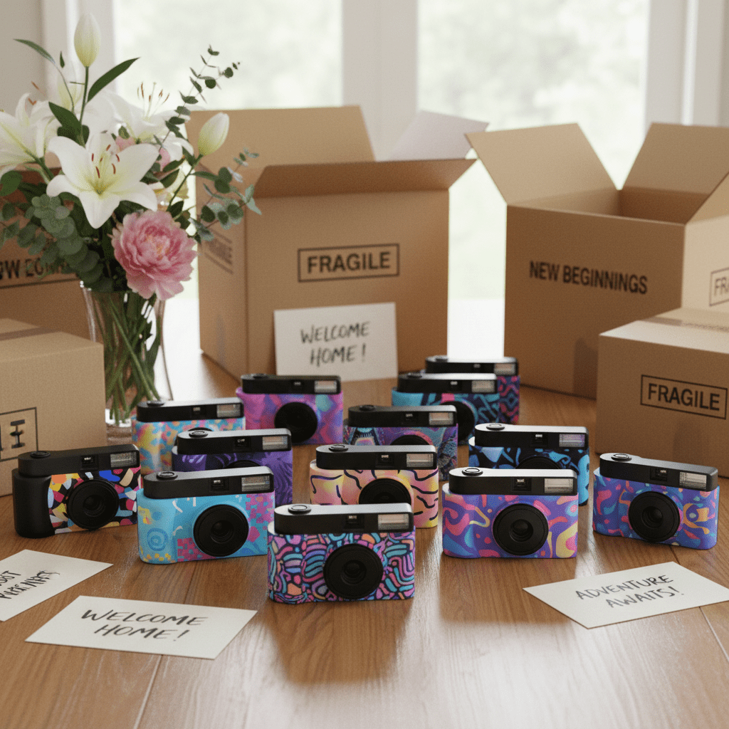 Bulk disposable cameras in colorful casings arranged on a wooden table with moving boxes.