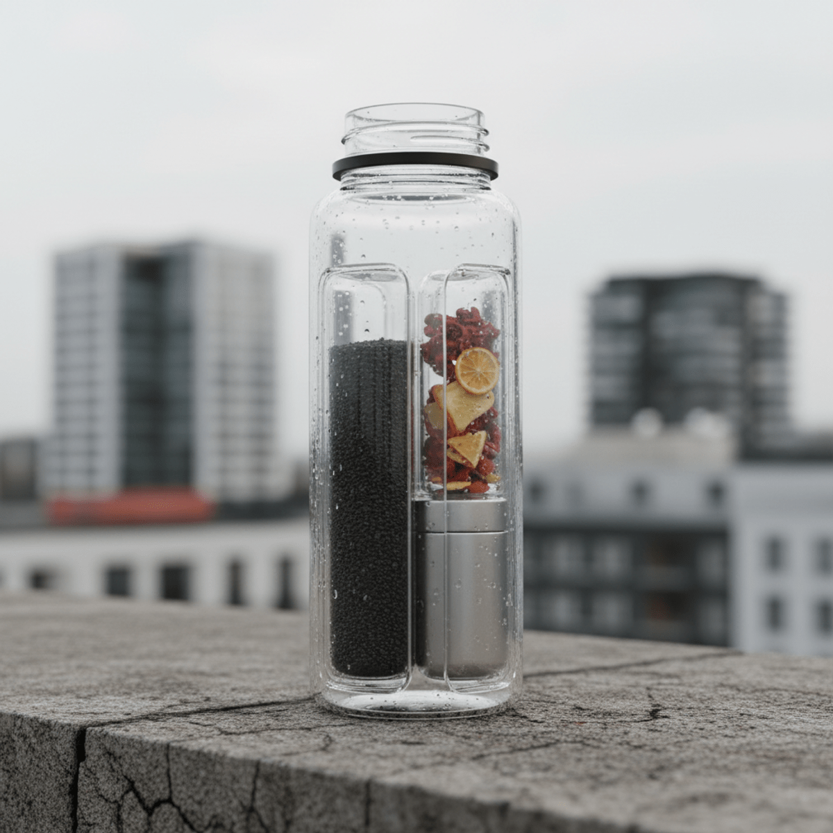 Transparent medical water bottle cutaway shows dual-stage filtration and flavor pods.