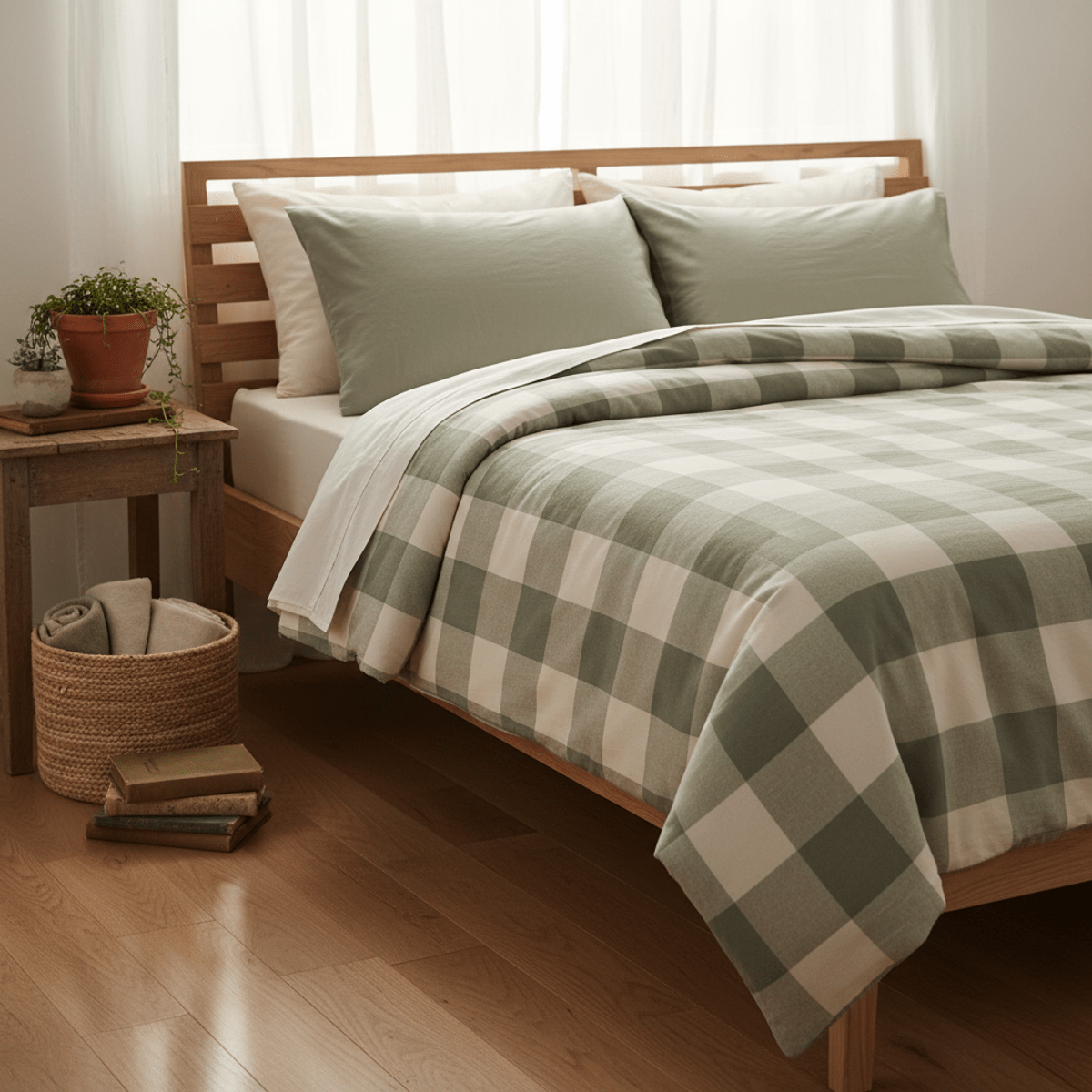Cozy bedroom with sage green gingham comforter and linen pillows.