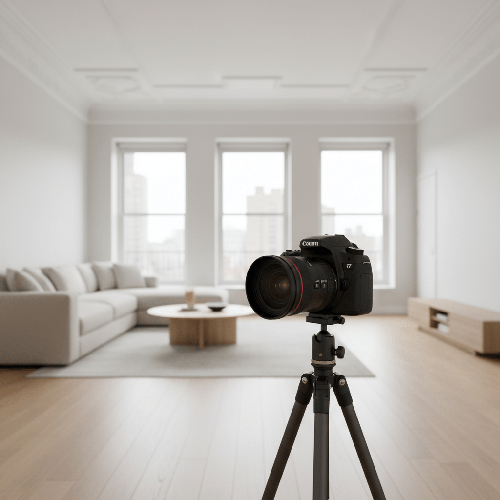 Modern camera on tripod in bright apartment with wide windows and wood floors.