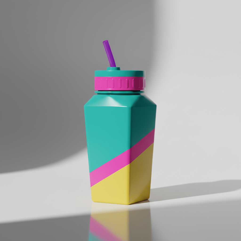 Bold 90s water bottle with straw in geometric color-block design on a reflective surface.