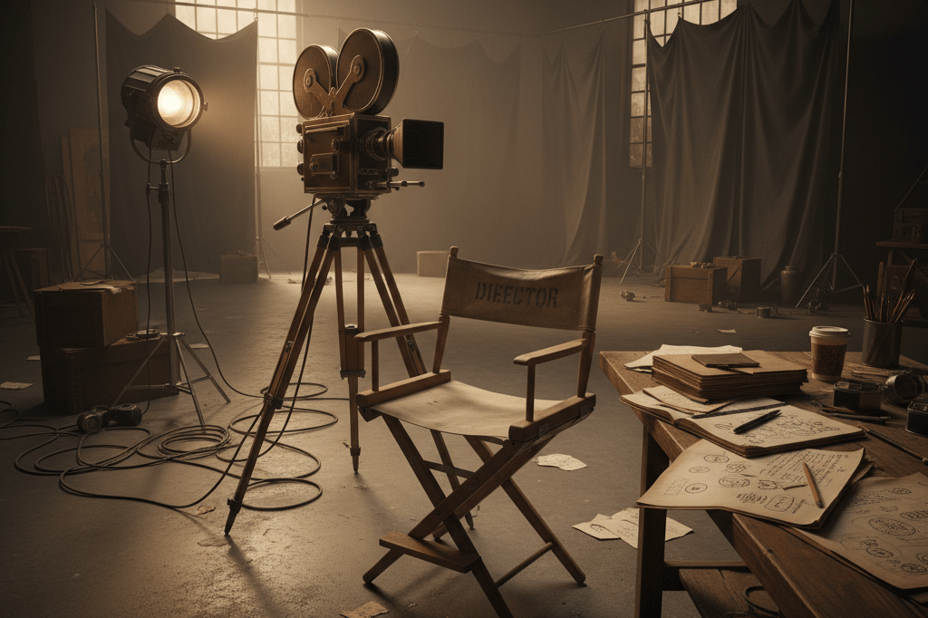 Wide shot of a classic film studio with vintage equipment under warm ambient light, representing legacy and consistency in creative work