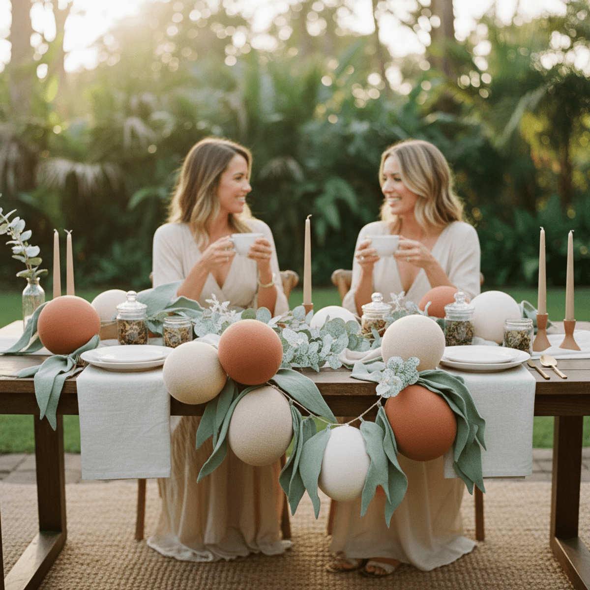 Handcrafted fabric balloon garland with natural linen and felt spheres, draped for a wellness retreat.