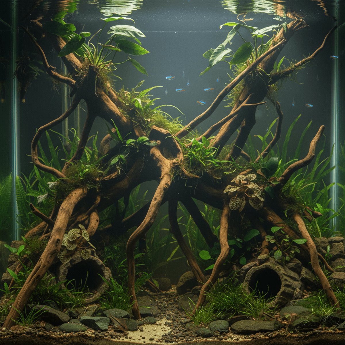 Dense jungle aquarium with twisted driftwood, lush aquatic plants, and schooling fish.