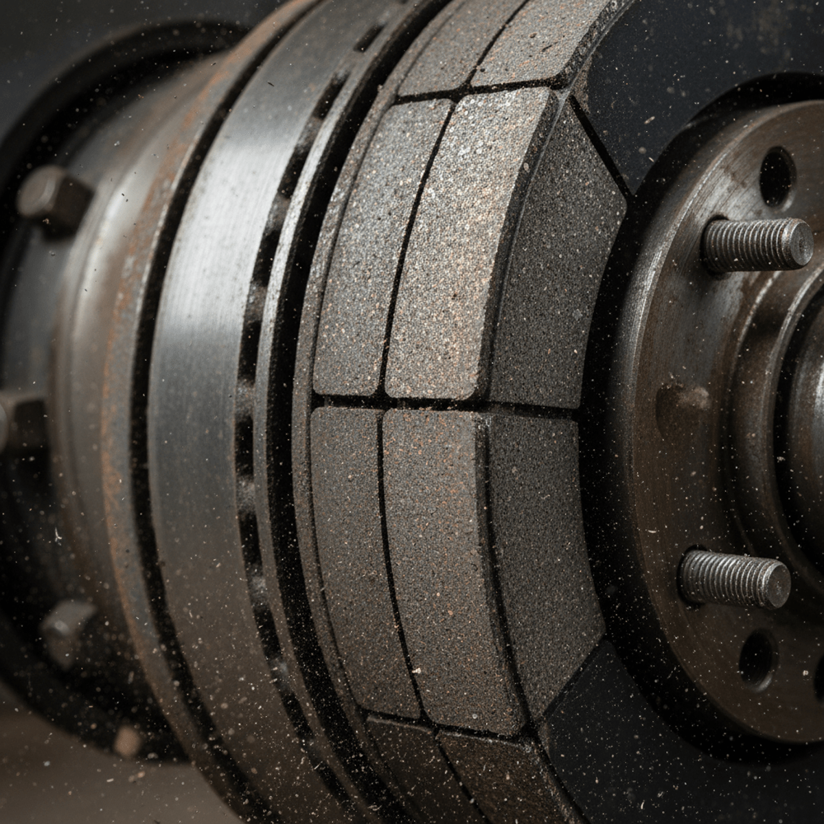 Close-up of rugged sintered metallic truck brake pads with coarse texture.