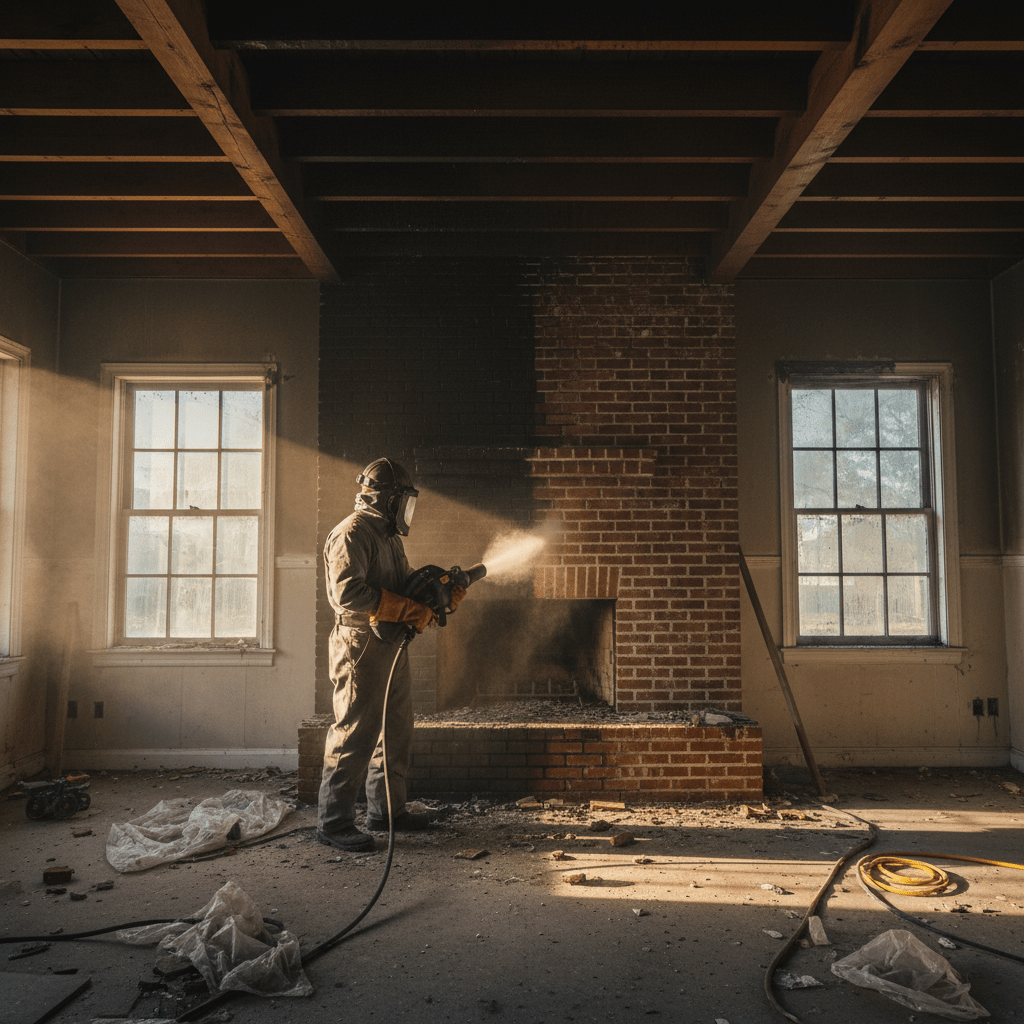 Technician dry ice blasting a soot-covered brick fireplace during interior restoration.