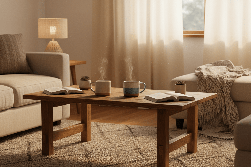 Warmly lit living space with two mugs suggesting long-term relationship harmony under natural light