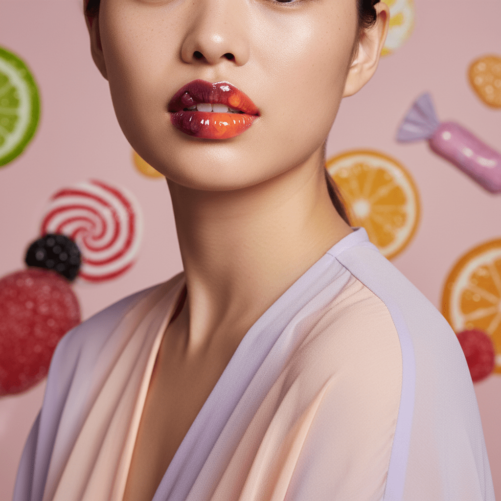 Model with glossy Korean lip tint in berry and coral tones, soft cinematic lighting.
