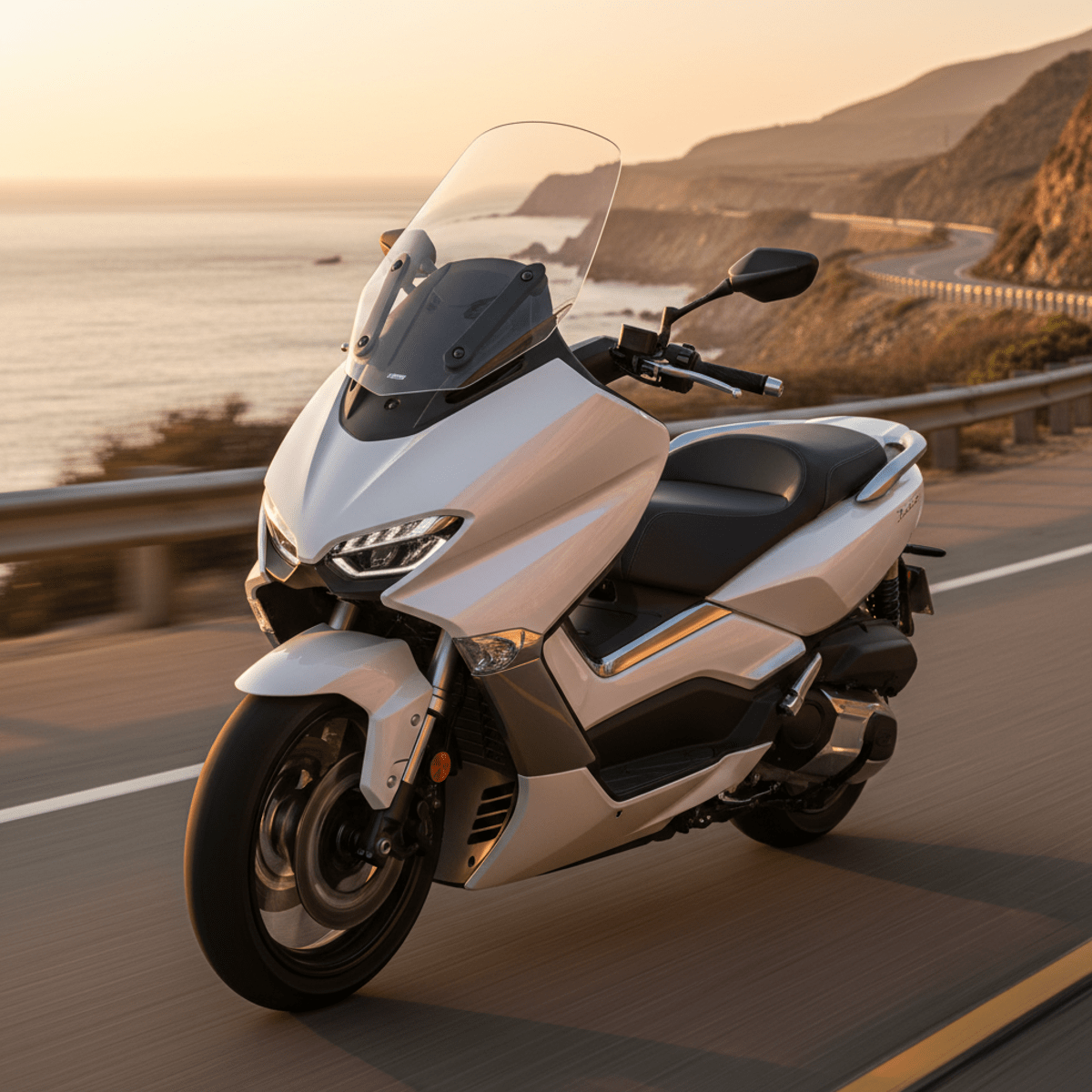 Sleek pearl white motorcycle with titanium highlights on a scenic coastal highway.