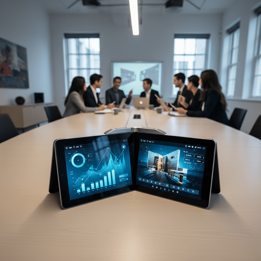 Foldable tablet in tent mode displaying charts and design tools in a modern office.