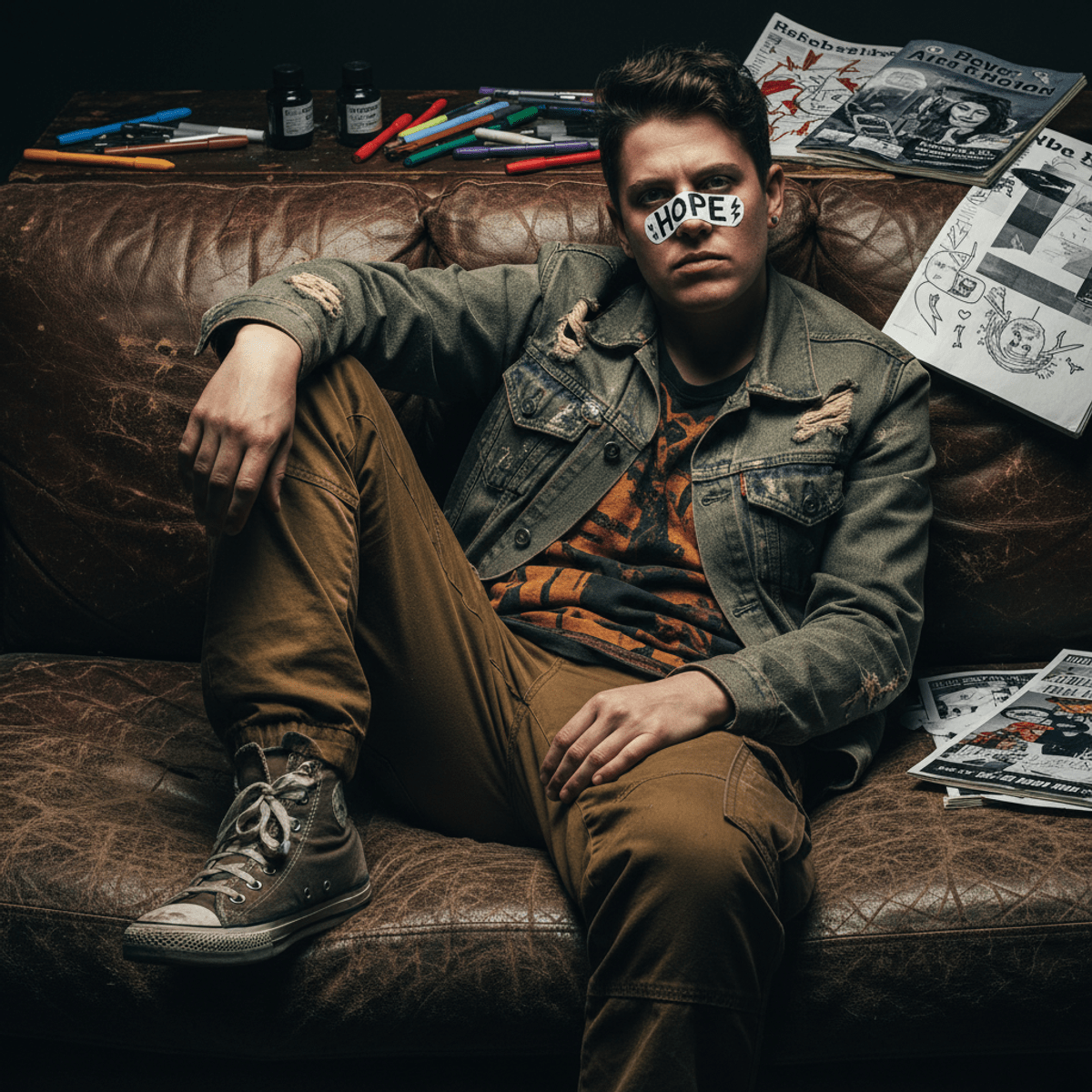 Person with 'hope' bandaid on nose, reclining on worn leather couch.