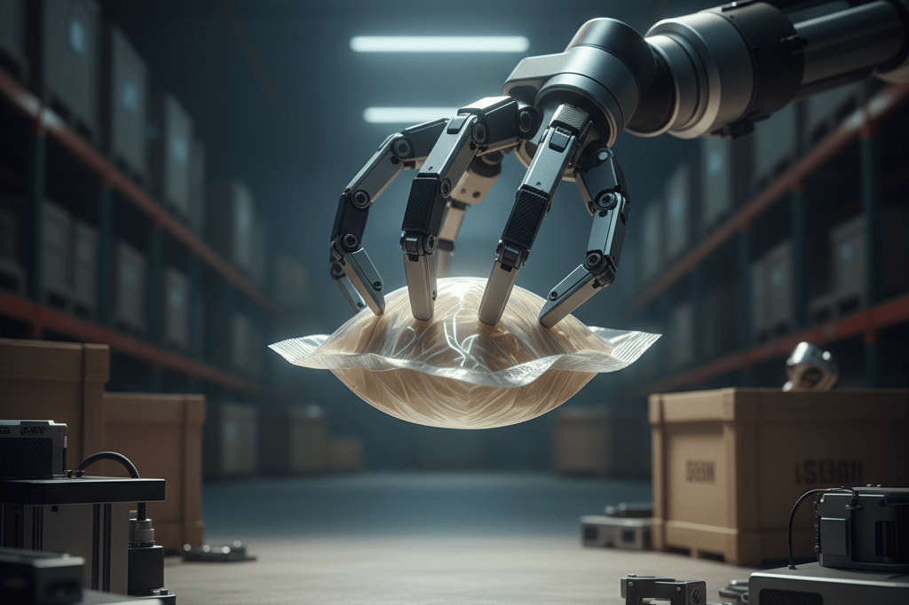 Close-up view of smart gripper adjusting grip on delicate item in warehouse lighting