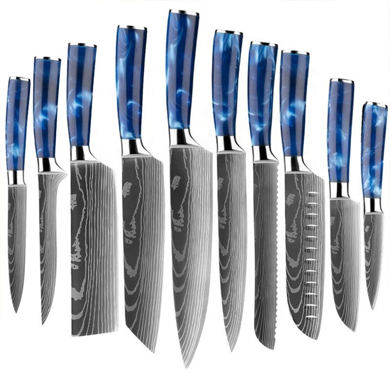 Профессиональные острые японские Дамасские Ножи, Хрустальная ручка из яркой смолы, набор кухонных ножей шеф-повара, суши с лазерным узором из дамасской смолы