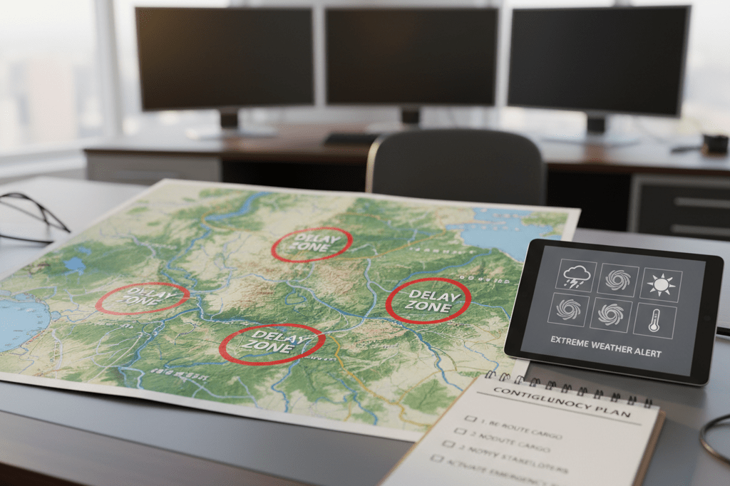 Logistics desk with maps and alerts showing business readiness for severe weather supply chain challenges