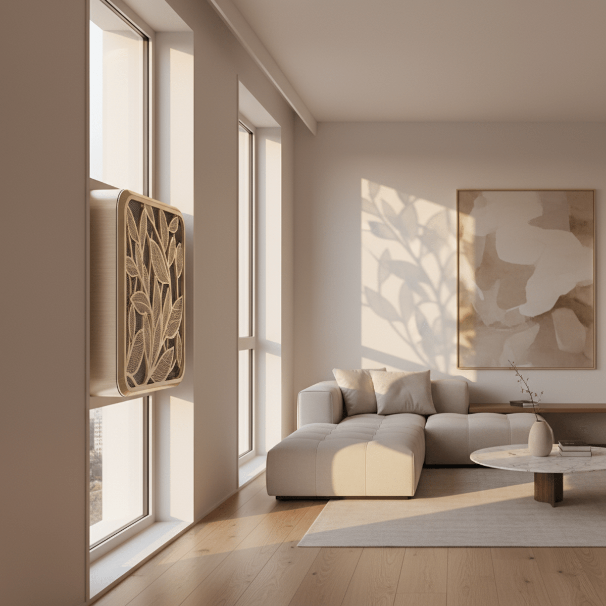 Champagne gold air conditioner with leaf-shaped vents in a sunlit living room.