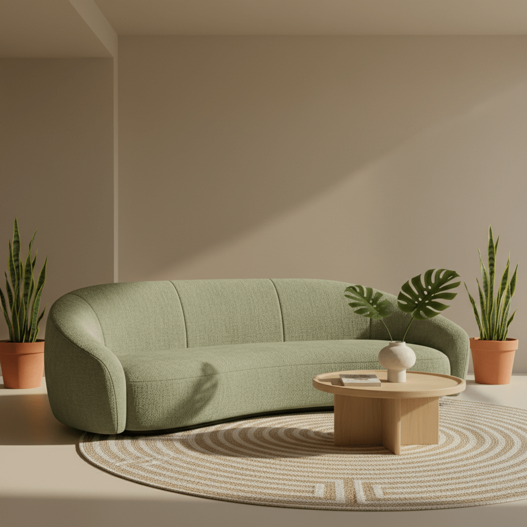 Plush sage green bouclé sofa with organic lines in a modern living room.