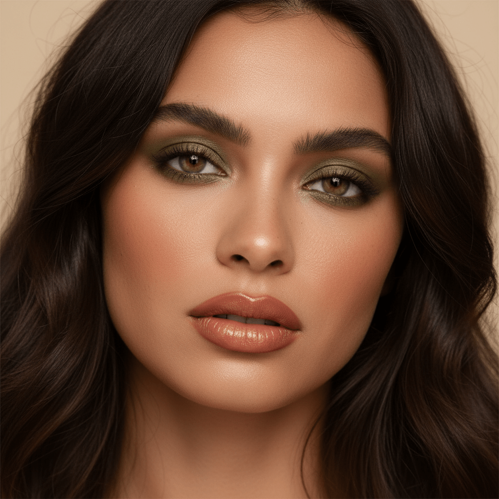 Woman with smudged olive green eyeliner, tousled hair, and warm earth-toned makeup.