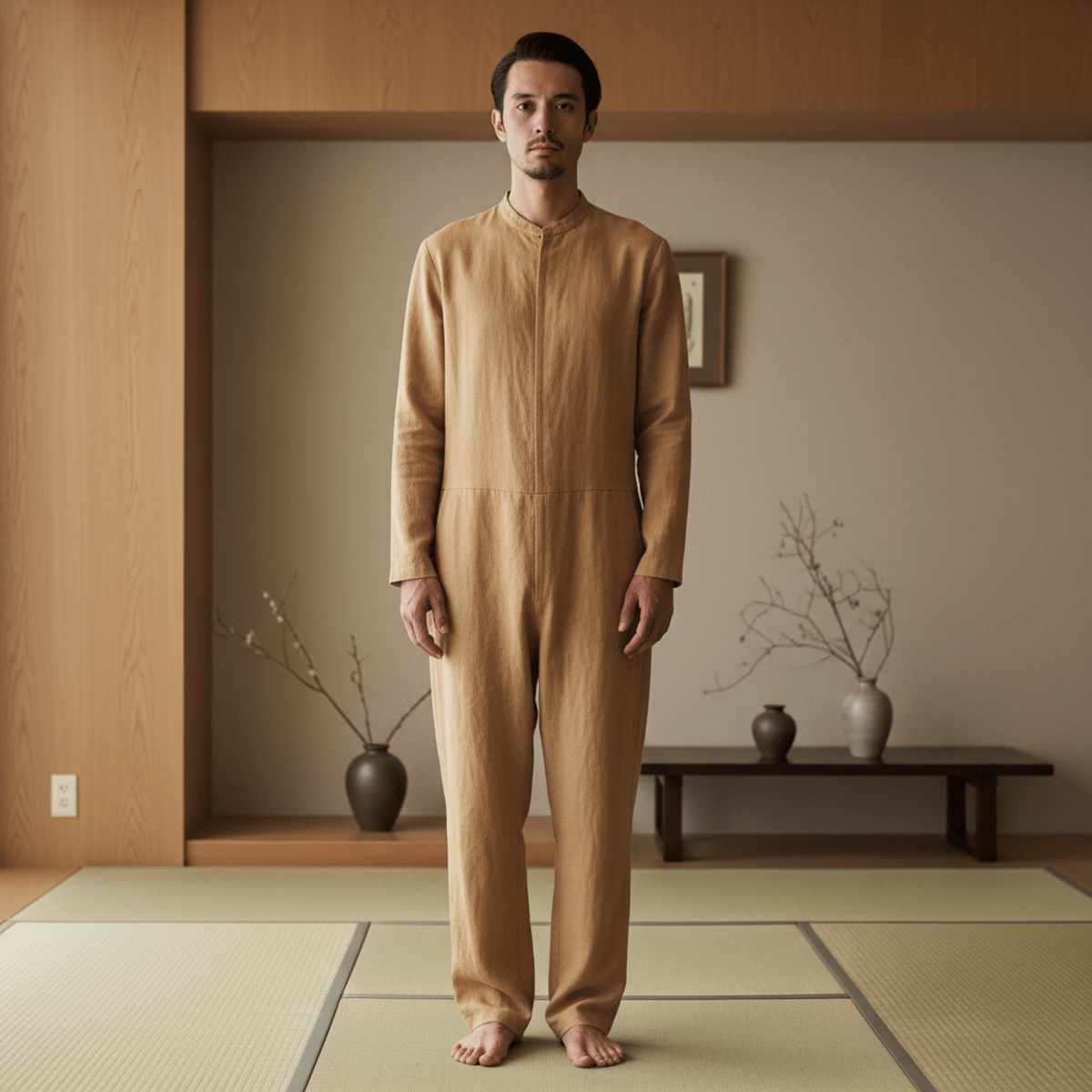 Model in sand-toned linen-Tencel jumpsuit in serene modern interior.