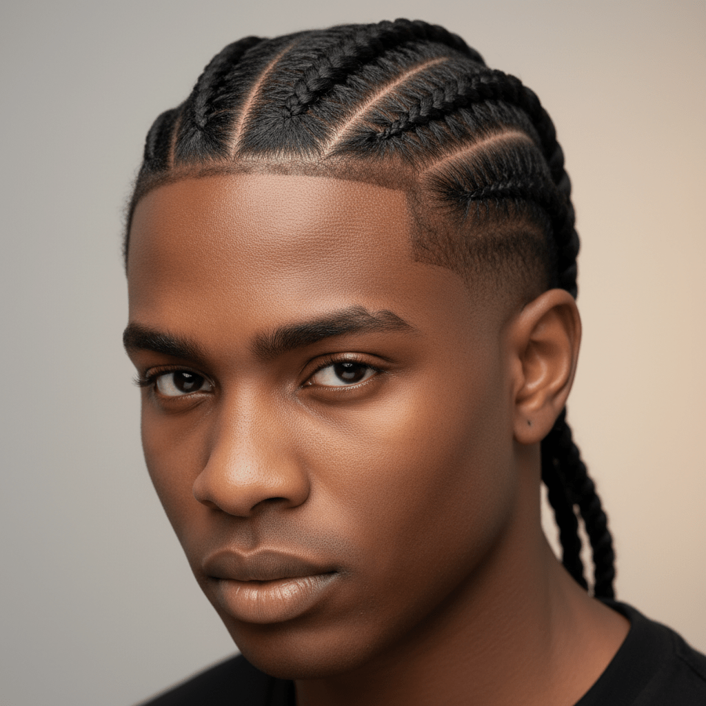 Portrait of a Black man with precise feed-in braids and a sharp drop fade.