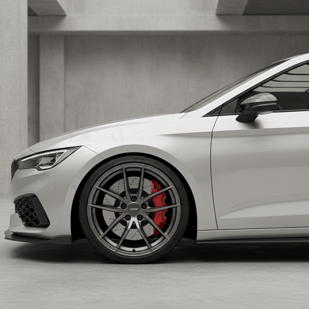 Close-up of modern sports hatch wheel and suspension in studio lighting.