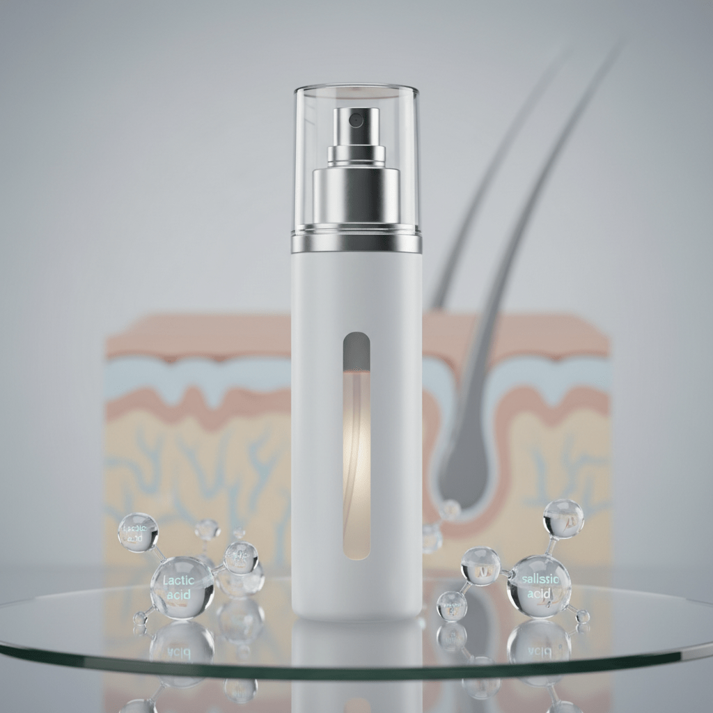 Hair growth oil spray bottle with scientific droplets of lactic and salicylic acid.