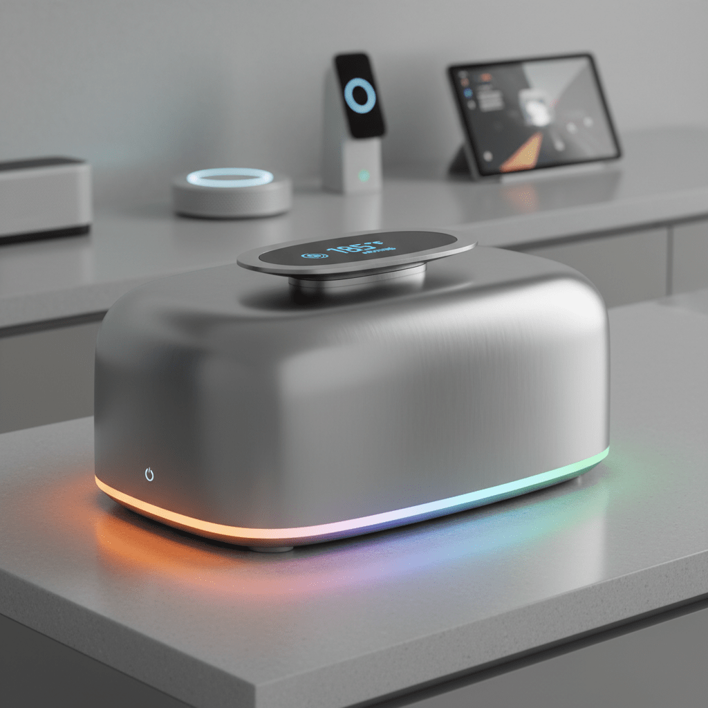 Futuristic stainless steel soup warmer with OLED display on a minimalist smart kitchen counter.